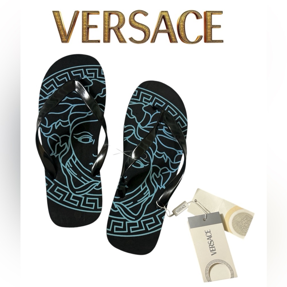Versace Black and Blue Medusa Flip Flops